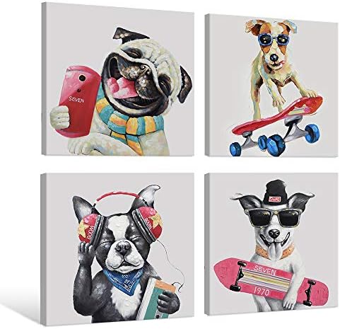 SEVEN WALL ARTS Забавно Куче Платно Стенно Изкуство Цветни Снимки на Животни Абстрактна Живопис за Домашни Любимци Puppy 4 Бр. Галерия В Рамката за Момичета, Момчета, Спалня,