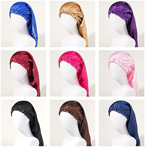 SAWQF Сатен Нощна шапка с дълга коса, Коприна Дълга Шапка с Мека гумена лента, Капачка за Къдрава коса с плитки (Цвят: D, Размер: 1)