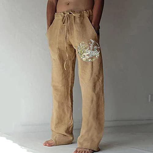 Мъжки Панталони за Йога DuDubaby, Свободни Ежедневието на Обикновен Памук, Ленени Панталони с Еластичен Принтом Вратовръзка, прави Панталони