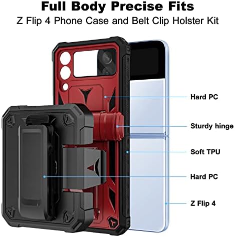 Пълна защита на корпуса KJSK за Samsung Galaxy Z Flip 4 Case [Защита на панти] - Здрава Вградена поставка, устойчив на удари Защитен калъф за вашия телефон и кобур с клипс за колан на 360 ° за Samsung Z Flip 4 5G -