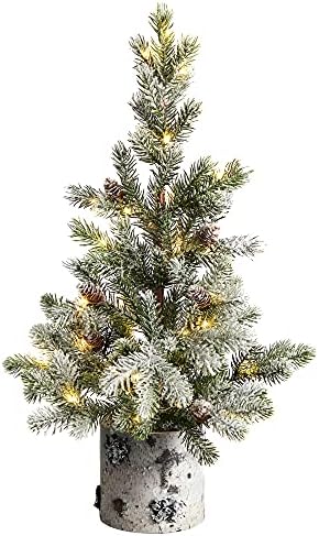 24 инча. Флокированная изкуствена Коледна елха в Декоративни саксии от брезова с 30 светодиодни крушки