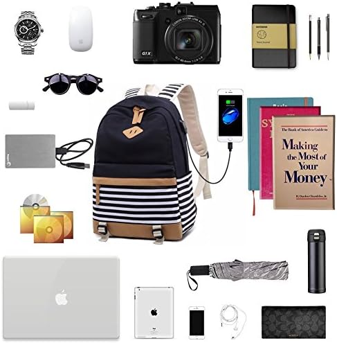 AM SeaBlue Женски Раница за лаптоп, Училищна чанта за книги, 15,6 инча, Ежедневието е Чантата за Пътуване, Платно за Колеж с USB порт за зареждане (1-Черен)