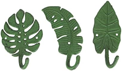 Zeckos Комплект от 3 Железни Куки за декор на Стени със Зелени Тропически Листа, Закачалка за Кърпи, Стойка