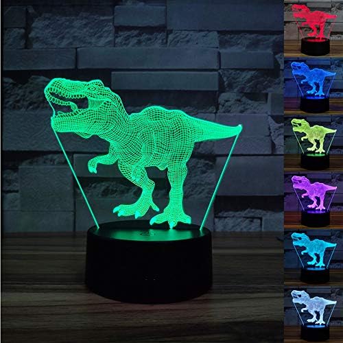 Лека нощ с Динозавром за деца, Настолна лампа с 3D илюзия Тираннозавра, 7 цвята, Постепенно се Променя Коледна Украса Led светлини с интелигентна персонализация и USB-кабел-Играчка-Динозавър за момчета на възраст 2,