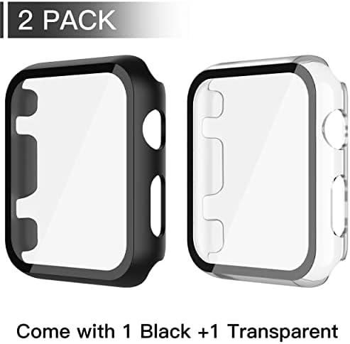Калъф за PC Misxi 2 в опаковка с предпазно фолио от закалено стъкло, съвместим с Apple Watch Серия 3 Series 2 42 мм, HD устойчив на удари Защитен калъф за iWatch, 1 черно + 1 прозрачен