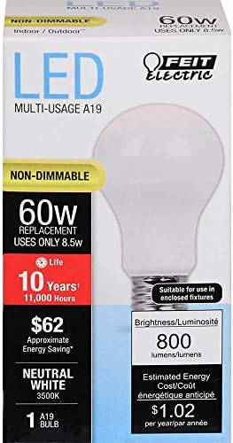Електрическа led лампа Feit A19 със средна основа в Еквивалент на 60 W - Срок на служба 10 години - 800 Лумена - Неутрално бяло 3500 К - Без регулиране на яркост | 1 опаковка