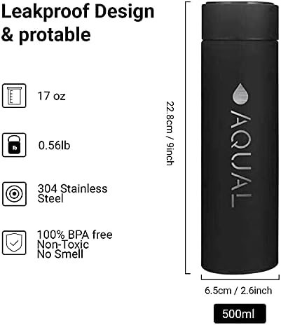 Бутилка за вода Aqua 17 течни унции обем 500 ml от неръждаема стомана с led индикатор за температурата-Двойна стена С вакуумна изолация | Стягане, се Запазва на студено 24 ча
