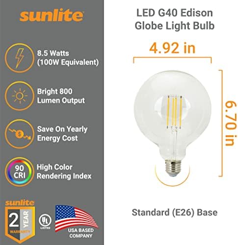 Крушка Sunlite 81139 LED G40 Edison Globe, 8,5 W (еквивалент на 100 Вата), Стандартно основа E26, 800 Лумена, с регулируема яркост, Прозрачно стъкло, Дълга нишка с нажежаема жичка, 90 CRI, отго?