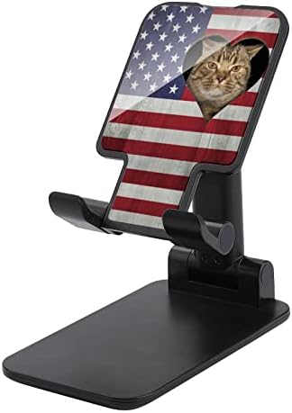 Котка Гледа През Дупка в Знамето на САЩ Регулируема Поставка за Мобилен Телефон Сгъваеми Преносими стойка за Таблети за Офис Пътуване Селска Къща Черно-Стил