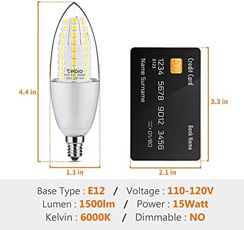 Лампа-свещ tebio LED E12 мощност 15 W, се равнява на крушка с нажежаема жичка с мощност 120 W, Дневна светлина 6000 До Бели на цвят, 1500Лм, CRI> 80 +, лампа-свещници без регулиране на яркостта, 4 бр. в опаковка