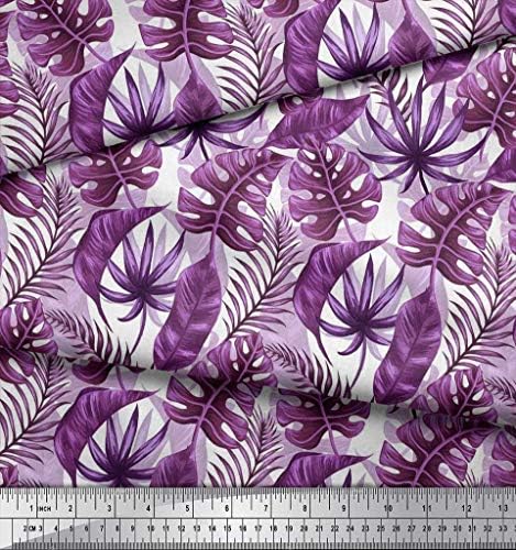 Лилава памучен трикотажная плат Soimoi с принтом тропически листа с ширина 58 см