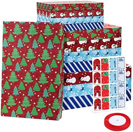 Кутии за опаковане на празнични подаръци Големи: 12 броя 4 Фигура 3 Размера Коледни кутии с капаци, Кутии за Халати Кутии за тениски-Добри Кашони за опаковане на коледни подаръци с панделки и стикери за опаковане на