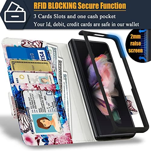 Калъф Samgg за Galaxy Z Fold 2, една чанта-портфейл с [изземване на пръстите и каишка за китката] [Здрава стойка] [Слот за карти с RFID заключване], Кожен калъф-книжка с панти капак Samsung Z Fold2 (пеперуда 1)
