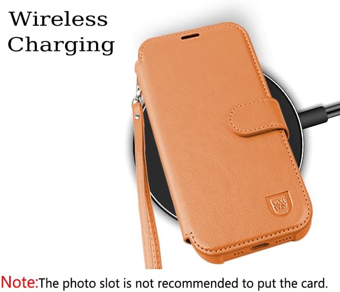 Чанта-портфейл VANAVAGY за iPhone 13 Pro, Кожен устойчив на удари калъф с откидывающимся магнитна каишка за китката [Защитно фолио в пакета] [Безжична зареждане] с притежателя на карта с RFID заключване, Оранжево