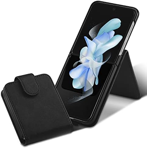Калъф за телефон Orzero, Съвместим с Samsung Galaxy Z Flip 4 5G, Изкуствена кожа + Твърд КОМПЮТЪР с отделение за карти памет, Амортизирующий ултра тънък Защитен калъф - Черен