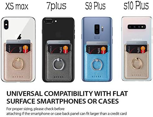 Държач за карти мобилен телефон BIAJIYA, RFID Пръстен, Стойка, държач за карти от изкуствена кожа, притежател на гърба на телефона за iPhone, Android и всички смартфони (Pink/Gold)