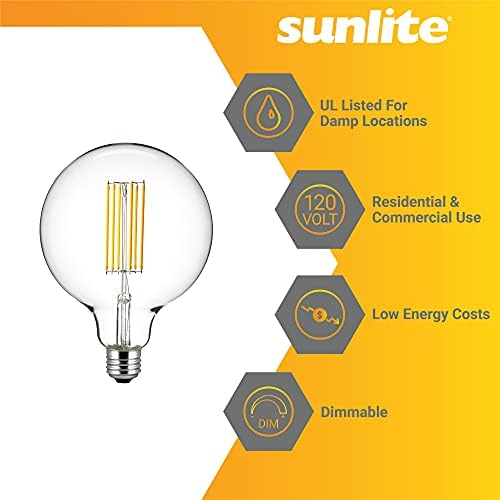 Лампа Sunlite 41074 LED G40 Edison Globe 8w (еквивалент на 100 Вата), Стандартно основа E26, 880 Лумена, С регулируема яркост, Декоративно Прозрачно стъкло, Антични конец с нажежаема жичка, 6 опаковки, 22 К - Топло