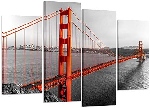 Творческа Изкуство Печат Върху Платно Красив Мост Голдън Гейт в Сан Франциско, Калифорния Черен Бял Червен Стенно Изкуство за Декорация на Дома, Картина В рамка 4 лентата е Готова да се мотае