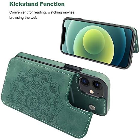 Vaburs е Съвместим с iPhone 12 и iPhone 12 Pro Калъф-портфейл с държач за карти, Обработени във формата на Цвете Мандала Изкуствена Кожа Двойна Магнитни копчета флип-надолу Противоударная Защитно покритие 6,1 инча (зелен)