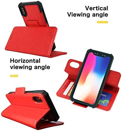 Магнитен свалящ-портфейл MODOS LOGICOS 2 в 1, който е съвместим с iPhone X / iPhone Xs, портфейл-за награда от изкуствена кожа и Подвижни Здрав устойчив на удари калъф с задния капак от изкуствена кожа - Червен/Red