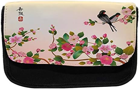Молив случай за моливи Lunarable Cherry Blossom, Сакура и Птици, Текстилен молив случай за Моливи с двоен цип, 8,5 x 5,5, Многоцветен