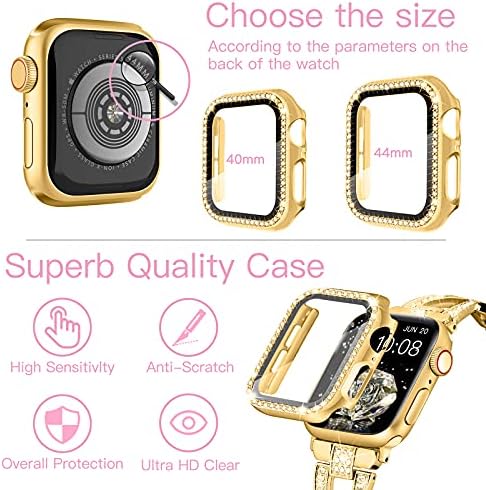 wipalor е Съвместим с каишка на Apple Watch 40 мм + калъф, Лесен за жените, Лесно Регулируем Маншет, Блестящи диаманти и от двете страни, Бижутериен метална каишка за iWatch Series 6 5 4 SE (златен)
